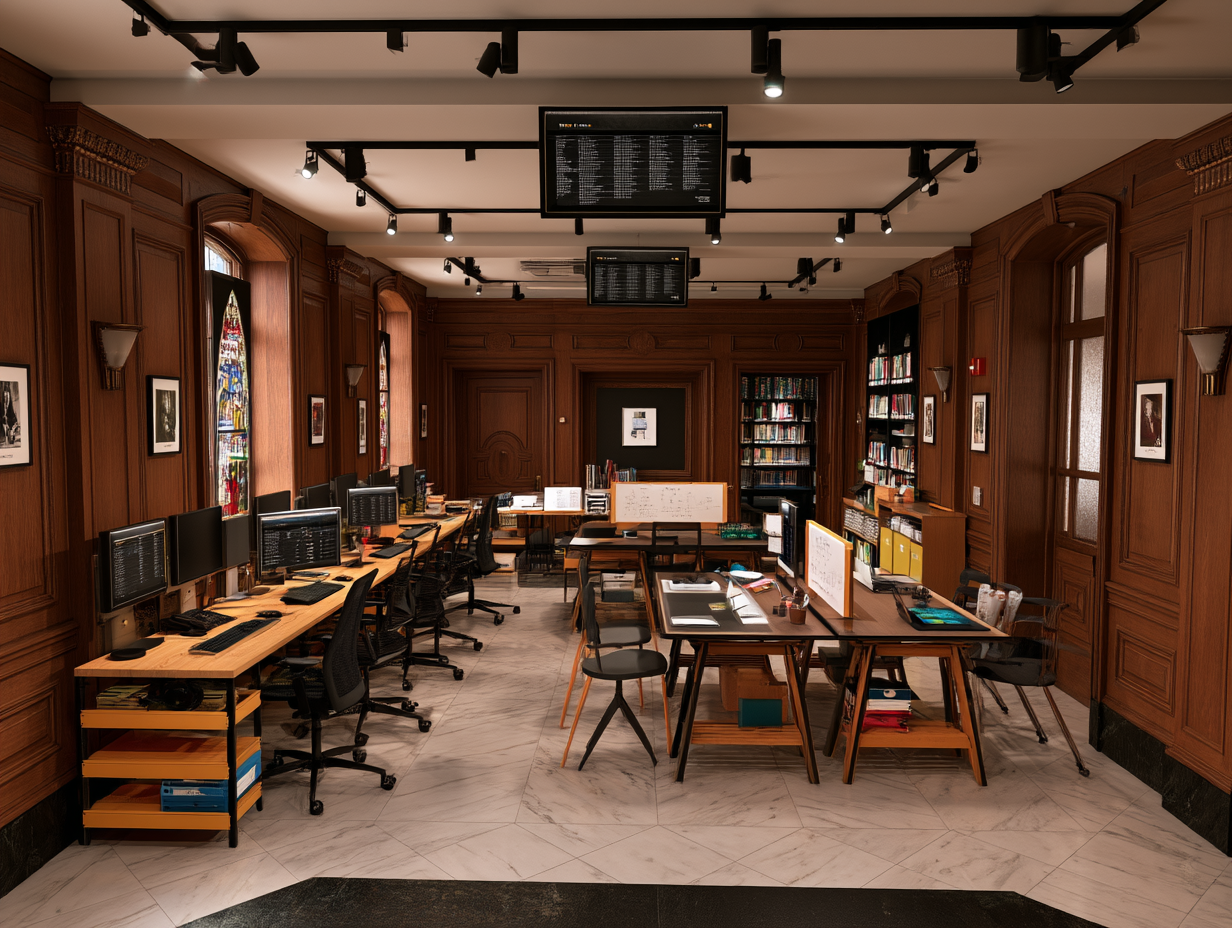 Warm wood-panelled maker space with desks, monitors and rolling whiteboards