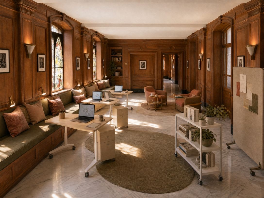 Interior of a historic room with wood paneling, furnished with modern rolling desks, chairs, and a mobile pinboard