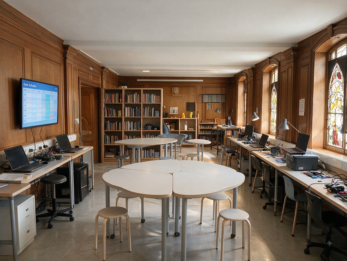 Panelled studio with a long white worktable, task chairs, perimeter computer benches and a maker space schedule screen