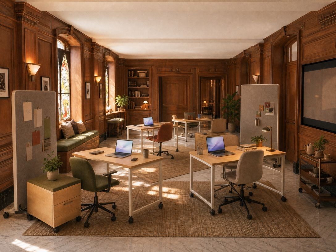 Interior view of a modular learning studio with wood paneling, rolling desks, and laptops