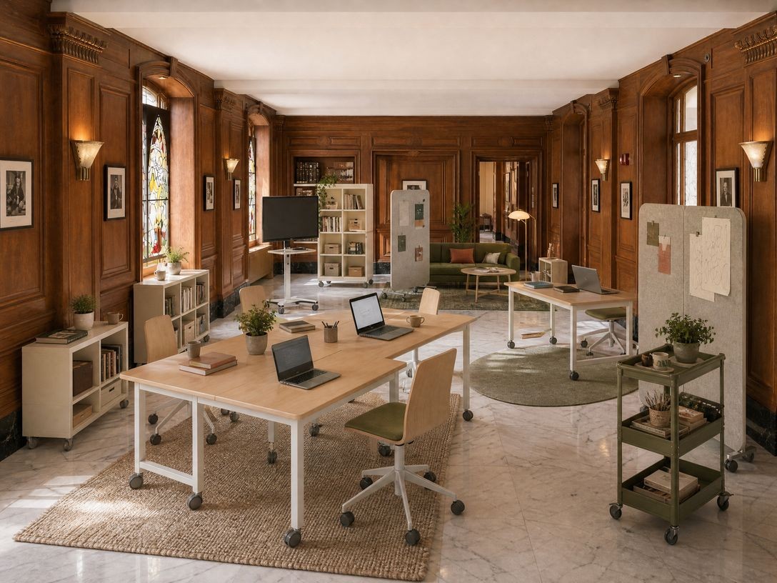 A classroom with wood-paneled walls, rolling desk modules, mobile screens, and a supply cart