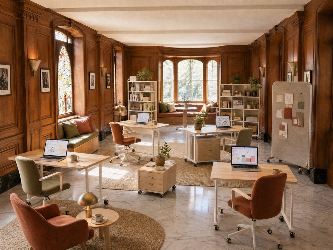 A historic room with wood-paneled walls, stained glass windows, and a window seat, furnished with modern modular rolling desks, chairs, and bookcases