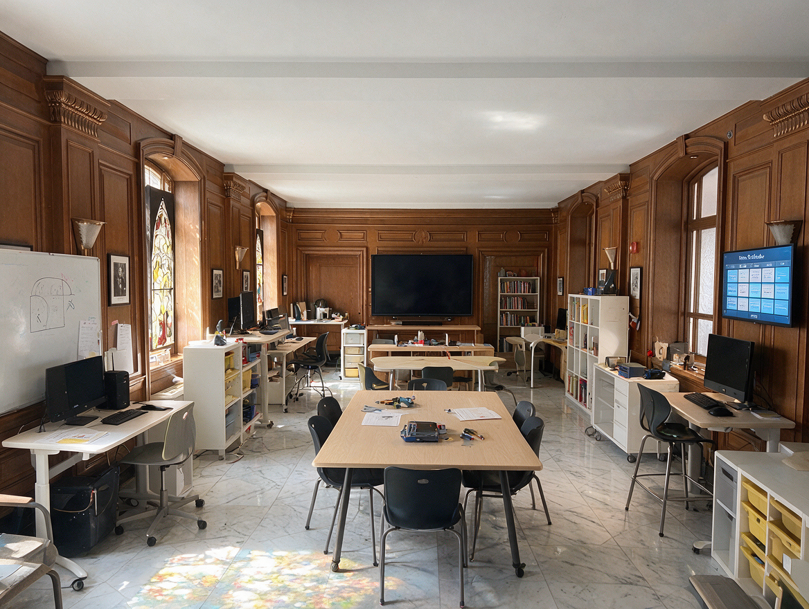 Marble-floored panelled studio with a central worktable, whiteboard, large display and storage carts