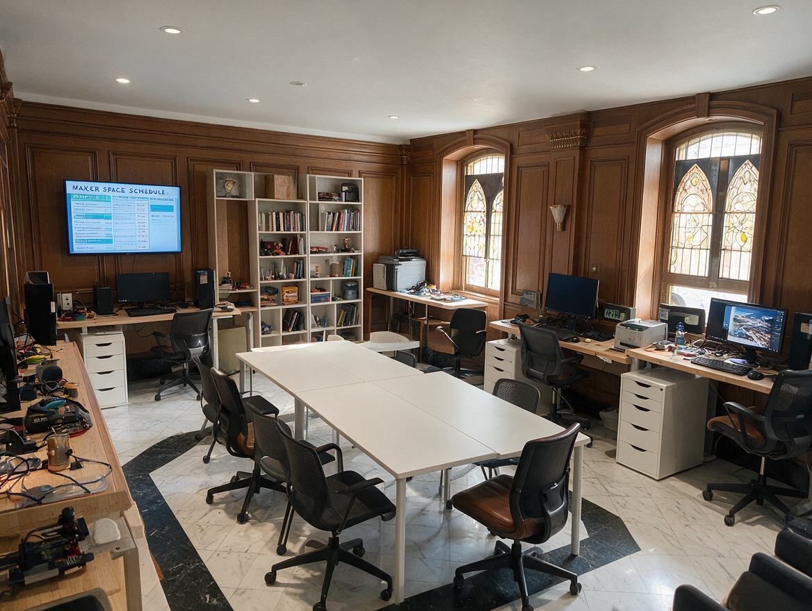 Panelled room with cloverleaf mobile tables, stools, window-side prototyping benches and a room schedule screen