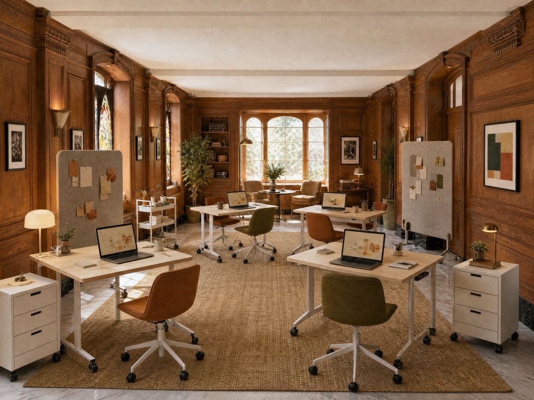 A community data studio with wooden walls, rolling desks, and laptops