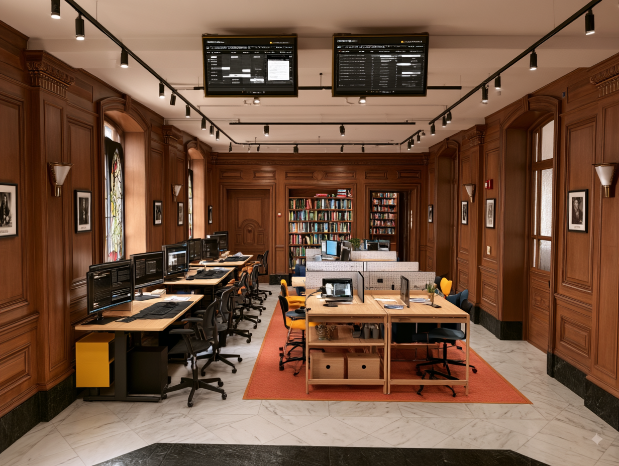 Panelled studio with computer stations, lounge seating and an orange rug