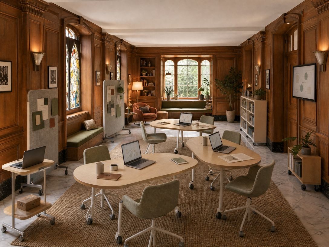 Interior view of a hybrid seminar studio with wood-paneled walls, modular tables, and laptops