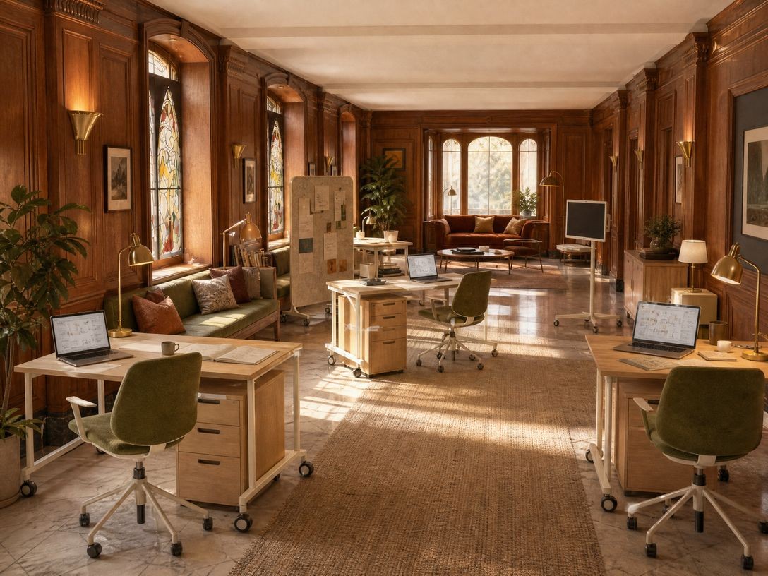 Interior of a research porch with wooden paneling, modular desks, and a sofa